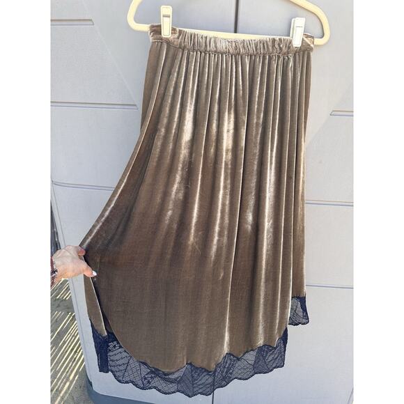 Zadig & Voltaire Joslin Velvet Midi Skirt Brown Green High Low Lace Trim Sz 36/S - Picture 9 of 16